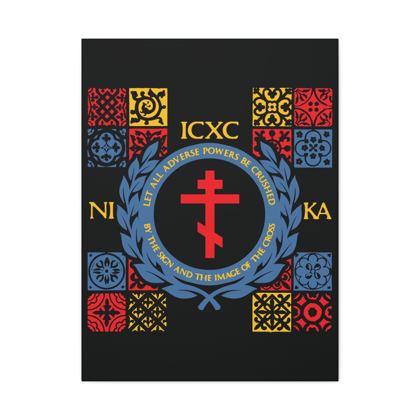 Let All Adverse Powers Be Crushed (Red, Yellow & Blue Design) | ICXC NIKA | Medieval Tile Design | Orthodox Christian Canvas Art
