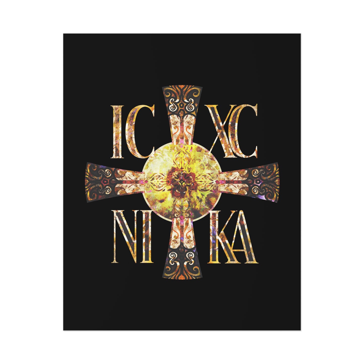 ICXC NIKA Celtic Style Equal Armed Cross | Bright Solar Texture | Orthodox Christian Art Poster