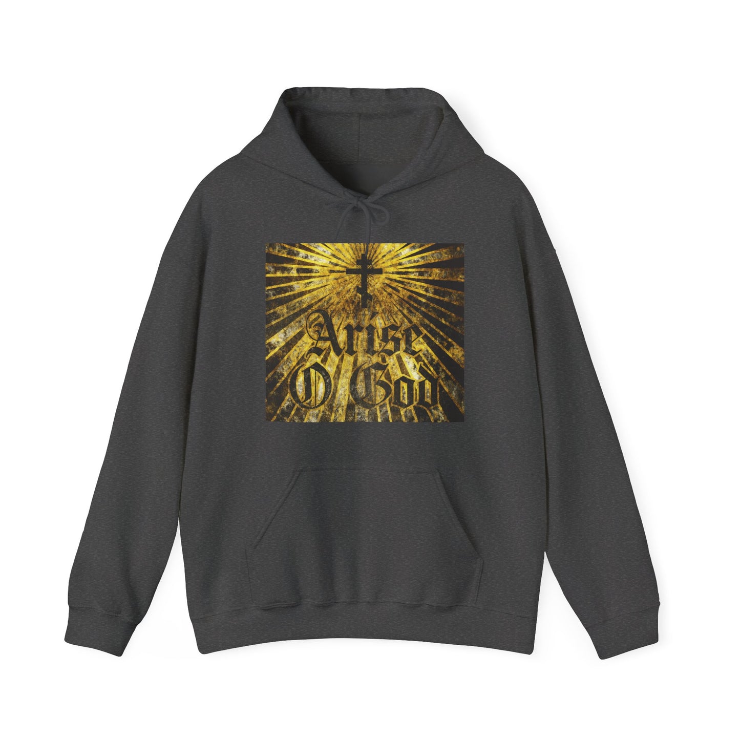 Dark Heather "Arise O God" hoodie with textured Gothic font, Orthodox cross, and golden rays— inspired by Psalm 81 (82 LXX) and the Divine Council worldview. Orthodox Christian design.