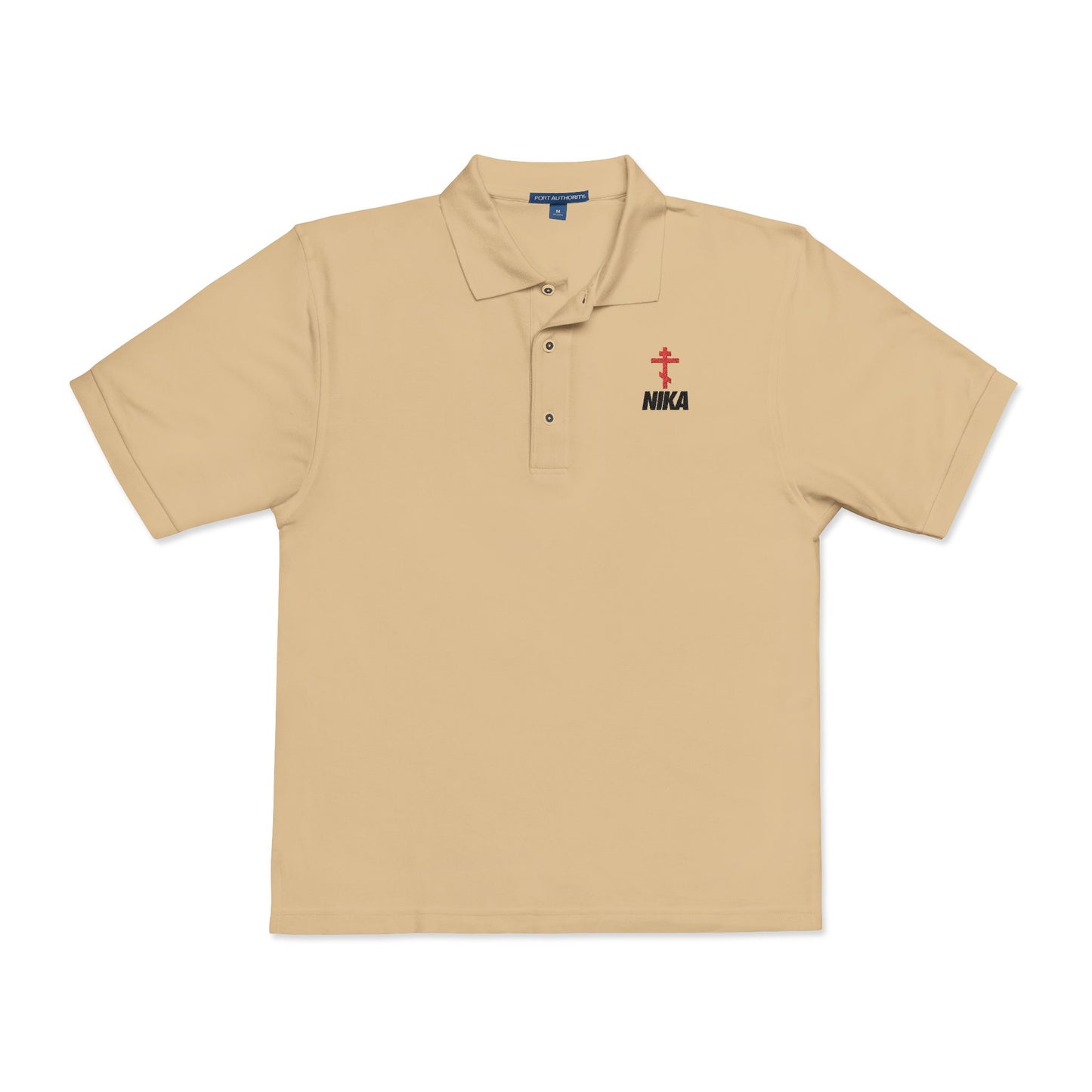 Stone short-sleeve polo featuring a red Orthodox cross and black "Jesus Christ Conquers" text, inspired by Revelation 3:21. Emulates the NIKE logo in an athletic ascetic style. Christian embroidered design on the left chest.