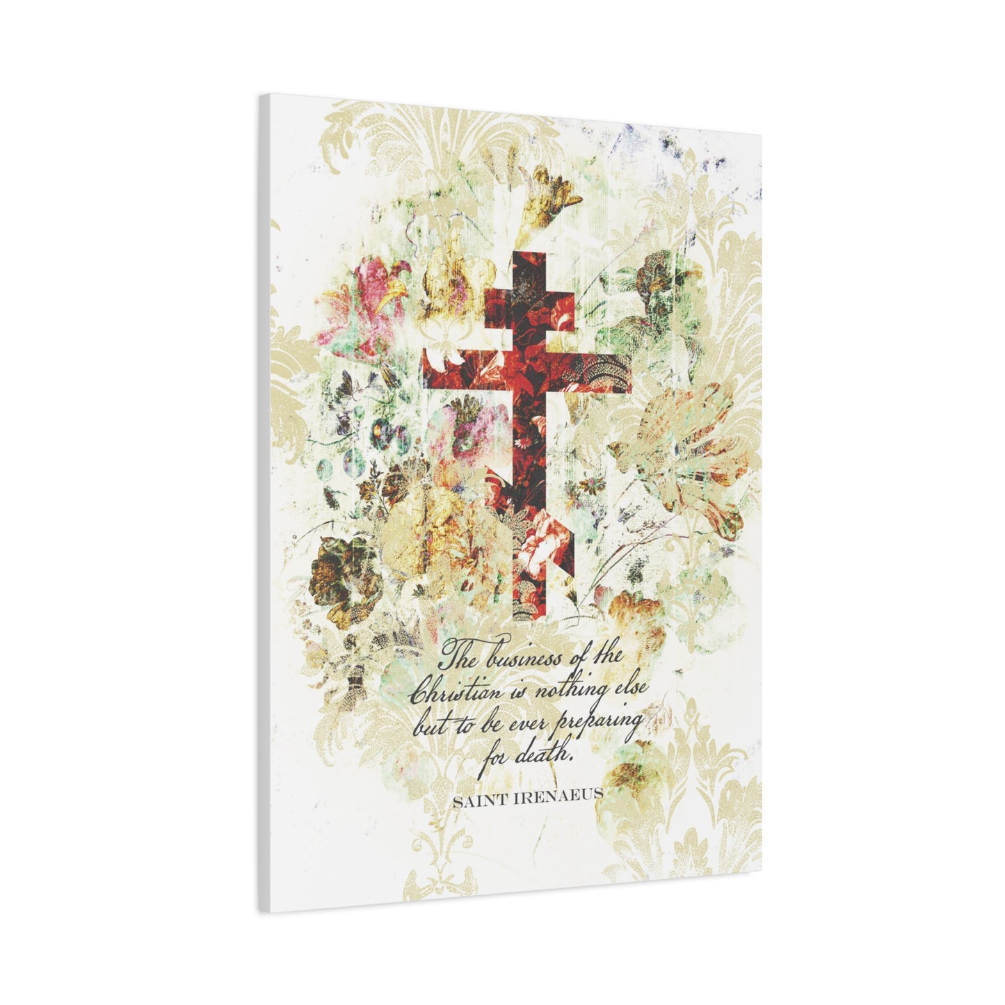 Preparing For Death | White & Beige Floral Scrapbook Texture Cross | Arts & Crafts Style | St Irenaeus | Orthodox Christian Canvas Art