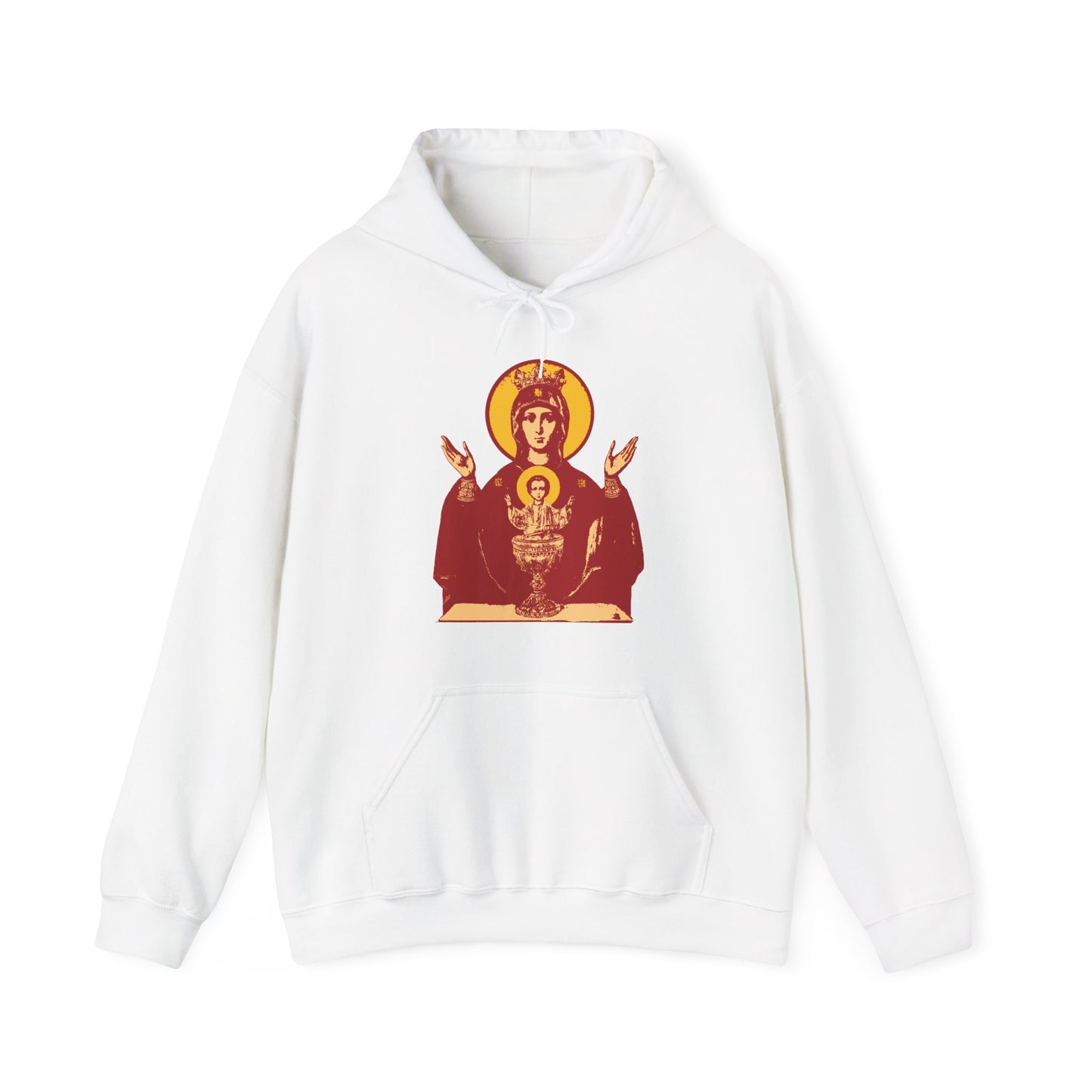 White Holy Theotokos IconoGraphic Hoodie: features an Orthodox Christian “Inexhaustible Chalice” icon design of Mary and baby Jesus in red and gold. Conquer passions, seek deliverance from addictions. Color: White.