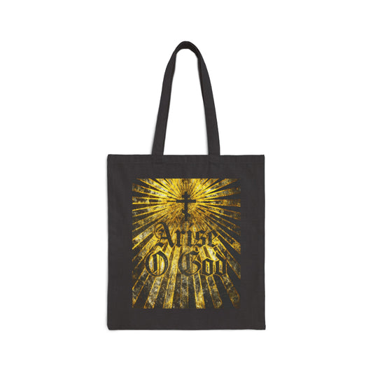 Black "Arise O God" tote bag featuring Psalm 81 (82 LXX), textured gothic font, golden rays, and an Orthodox cross—a bold Orthodox Christian accessory inspired by the Divine Council worldview.