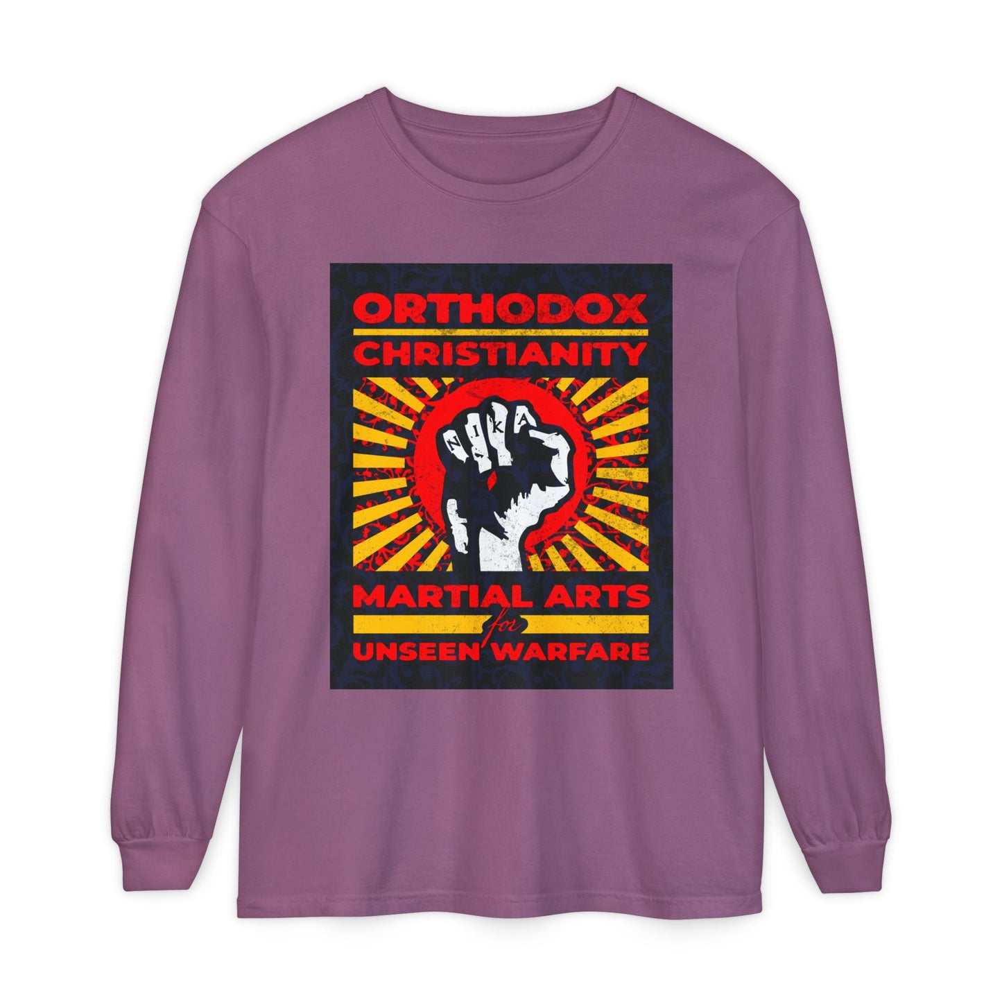 Orthodox Christianity: Martial Arts for Unseen Warfare | NIKA Jesus Fist on Colorful Sunburst Design | Orthodox Christian Long Sleeve Shirt