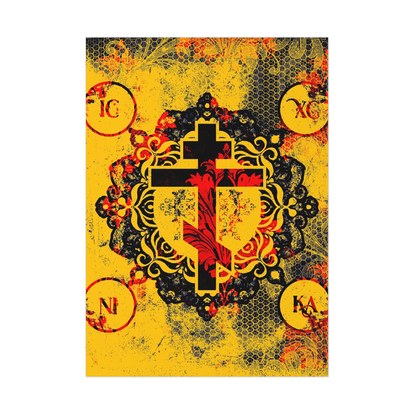 IC XC NIKA Orthodox Cross | Yellow & Red Modern & Medieval Textured Floral Design | Orthodox Christian Art Poster