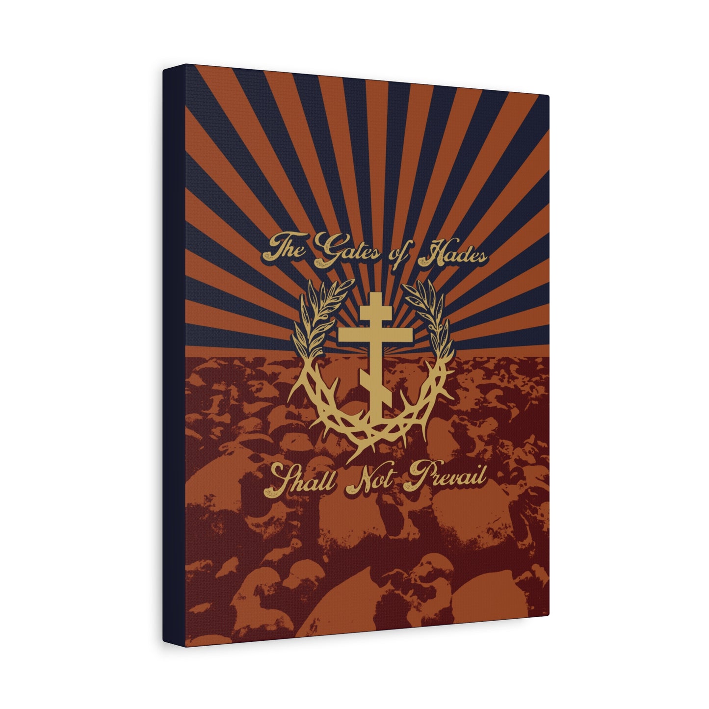 The Gates of Hades Shall Not Prevail | Cross with Wreath & Crown of Thorns | Skulls and Rays | Orthodox Christian Canvas Art