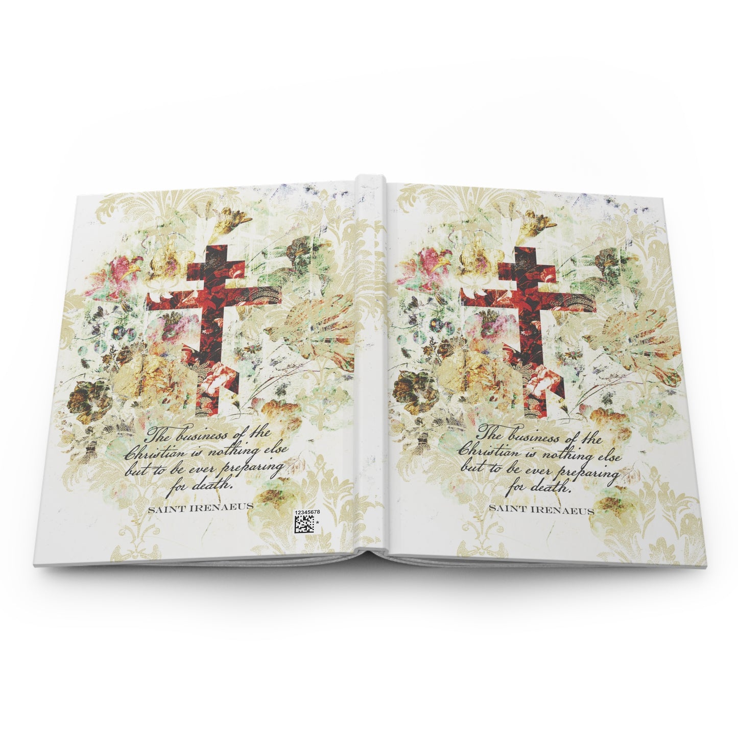 Preparing For Death | White & Beige Floral Scrapbook Texture Cross | Arts & Crafts Style | St Irenaeus | Orthodox Christian Hardcover Journal