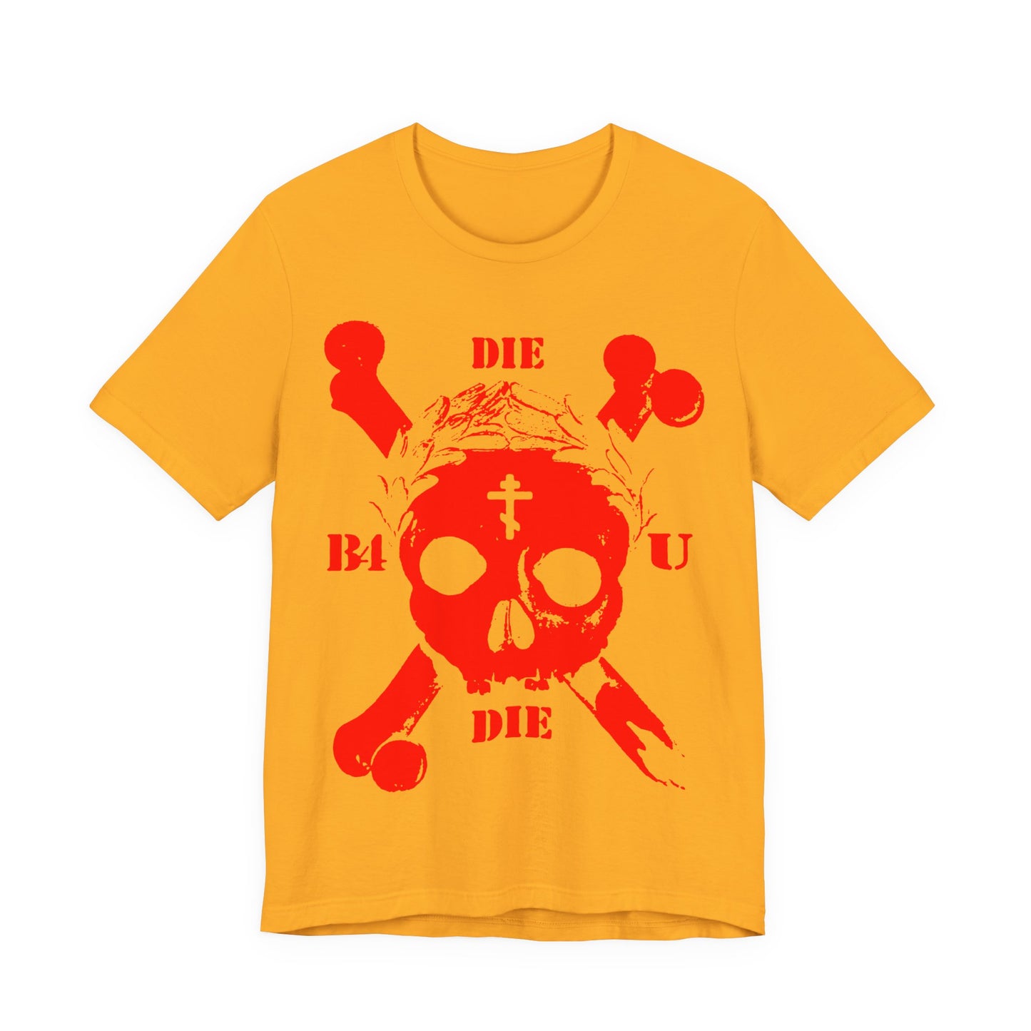 Gold “Die Before You Die” t-shirt with retro skull and crossbones, Orthodox cross, and laurel wreath—a bold Memento Mori and ascetic Christian statement inspired by Matthew 16:24-25.