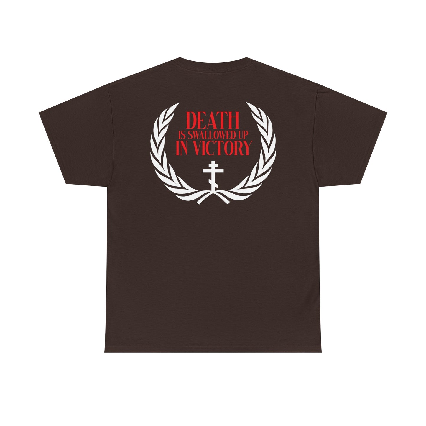 The Archangel Michael of the Apocalypse double-sided unisex tee features a white laurel wreath, cross, and "Death is swallowed up in victory" text on the back—referencing Revelation 12:7-9. Midweight cotton Orthodox iconographic shirt.