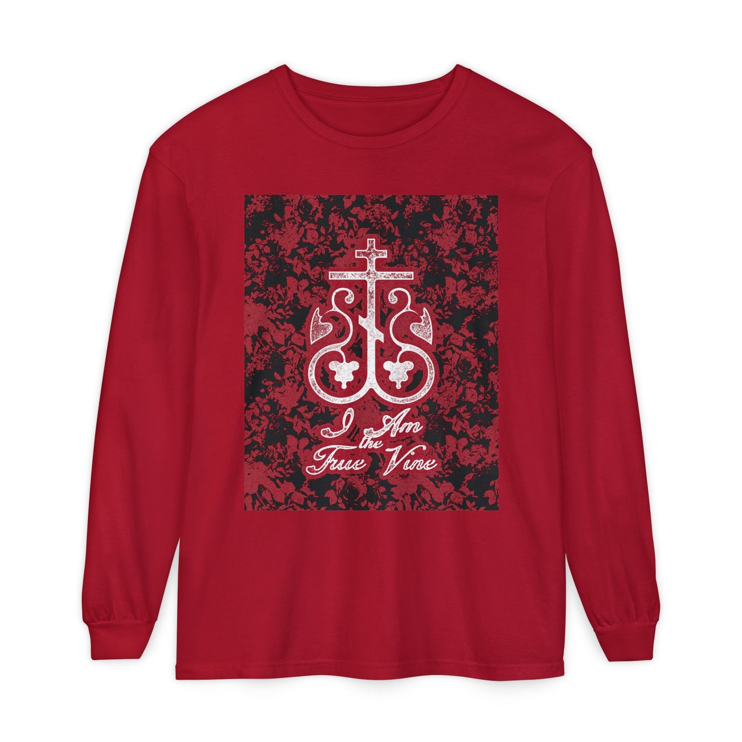I Am the True Vine (John 15:1) | Orthodox Cross Vine Monogram | Red and Black Floral Design | Orthodox Christian Long Sleeve Shirt