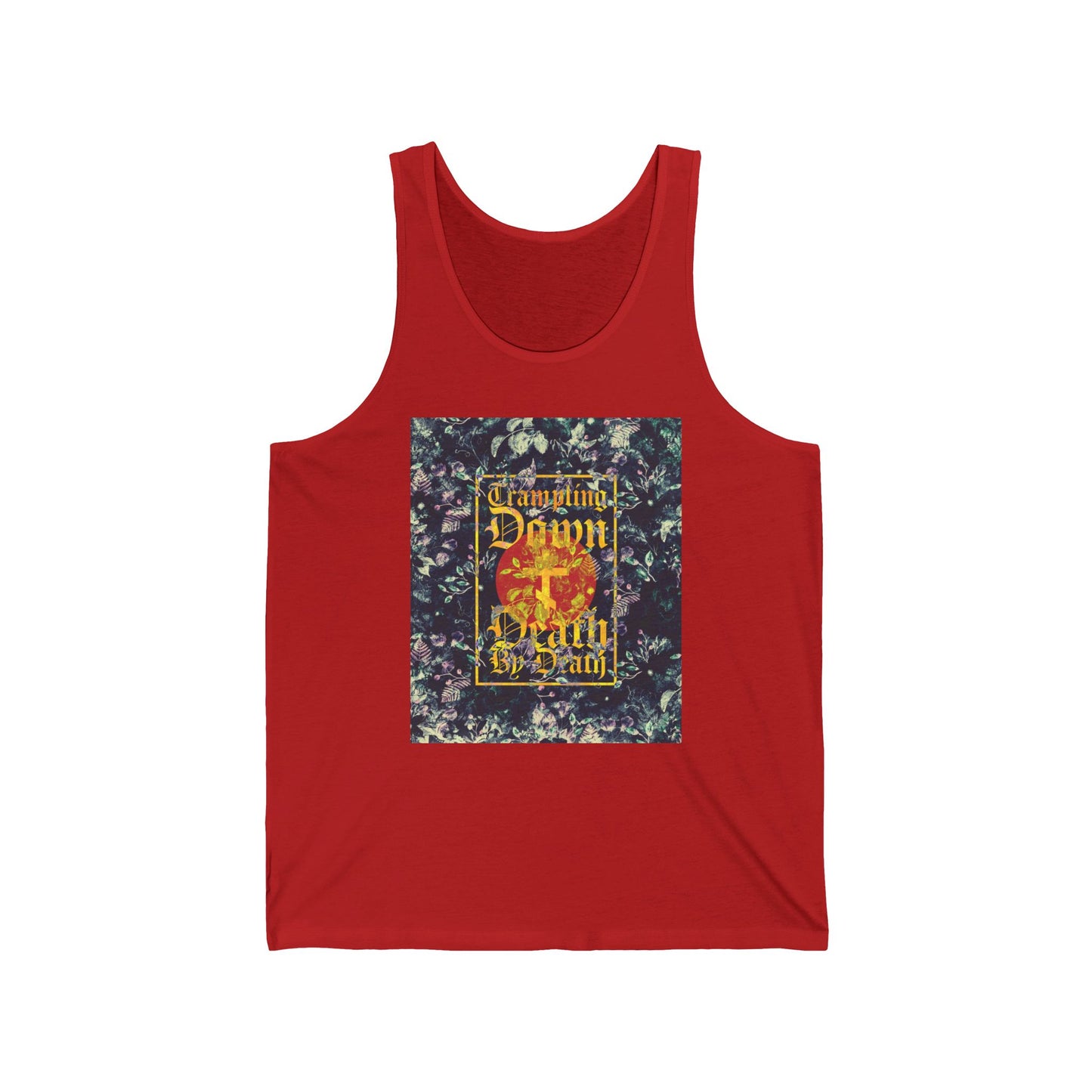 Trampling Down Death By Death | Paschal Floral Design with Gothic Script and Three-Bar Cross | Orthodox Christian Jersey Tank Top