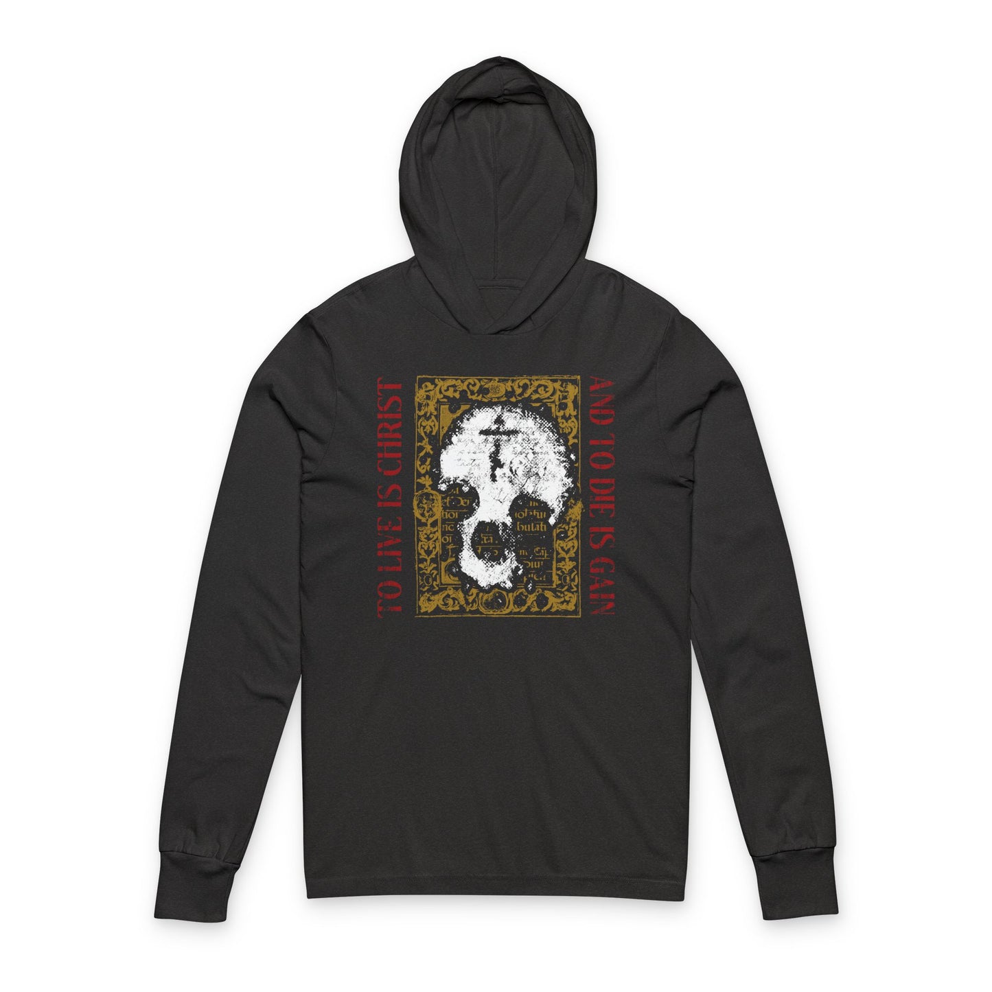 To Live is Christ, to Die is Gain (Philippians 1:21) | Skull with Cross on Gold Manuscript Texture | Orthodox Long Sleeve Hooded Shirt