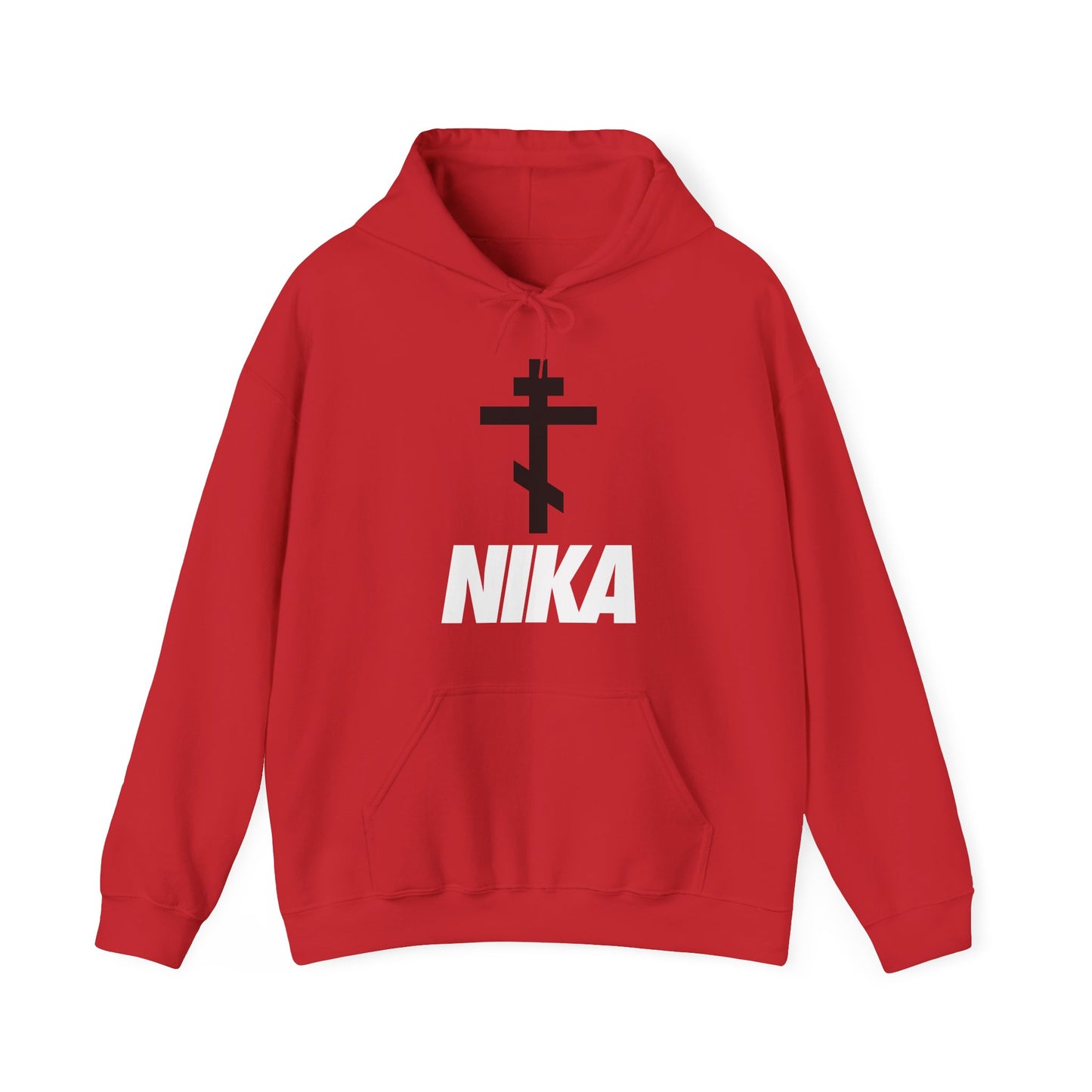 NIKA Orthodox Cross red hoodie featuring a minimalist mashup of the Orthodox cross and NIKE logo, blending traditional Christian iconography with modern corporate sports style for athletic ascetic fashion.