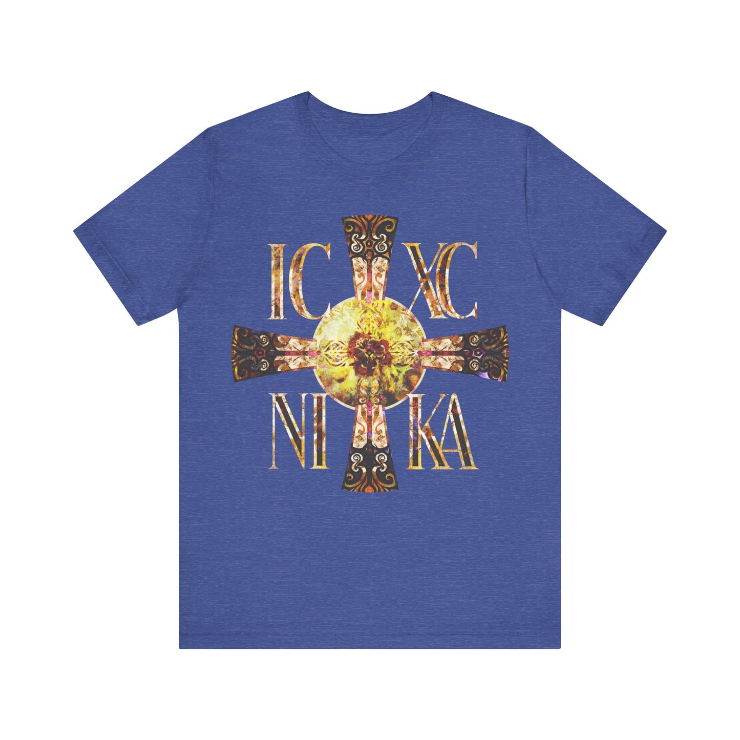 ICXC NIKA Celtic Style Equal Armed Cross | Bright Solar Texture | Orthodox Christian T-Shirt