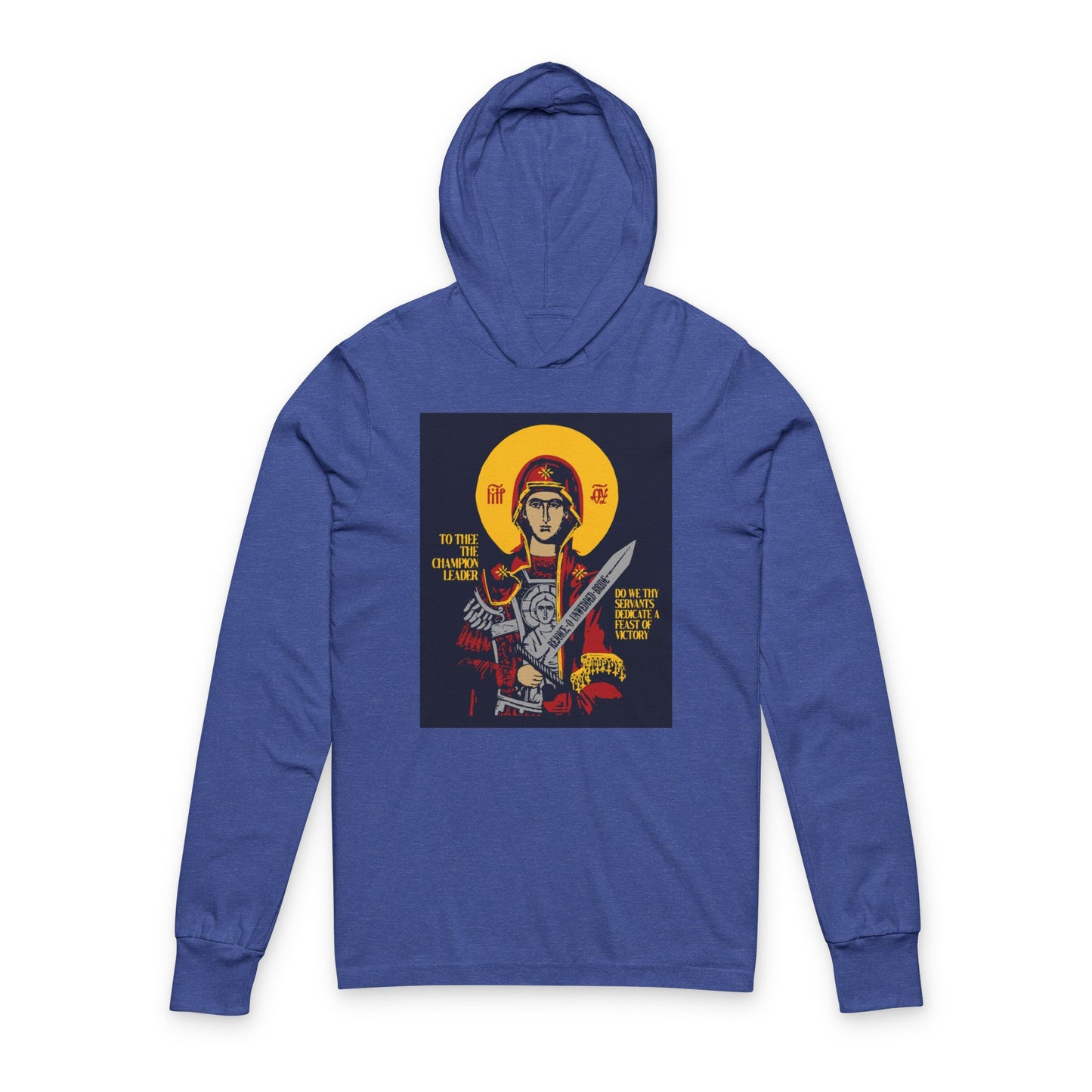 To Thee the Champion Leader | Mother of God | Theotokos with Sword IconoGraphic | Orthodox Long Sleeve Hooded Shirt