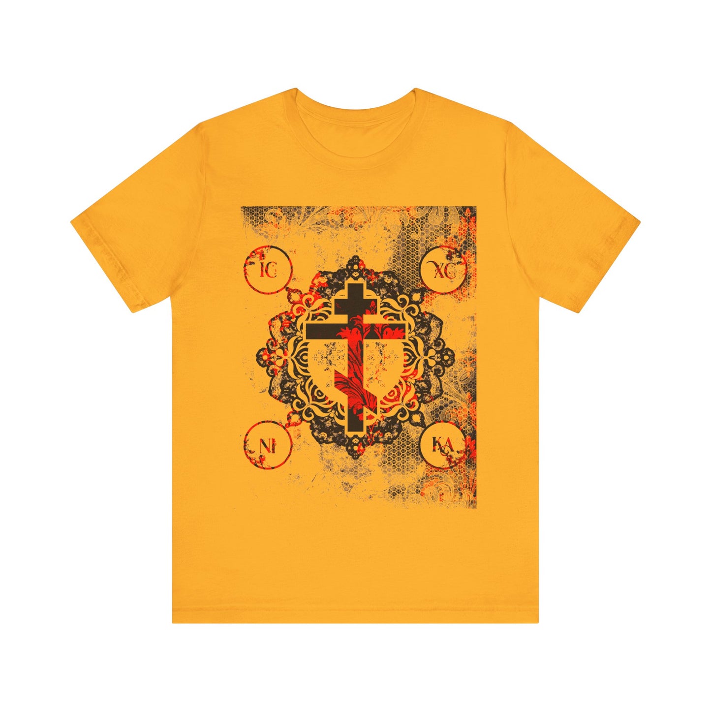 The IC XC NIKA Orthodox Cross T-shirt features a gold color with a modern and medieval floral cross, red accents, and circular IC XC NI KA letters, symbolizing the mystery of the Cross and Christ’s sacrifice.