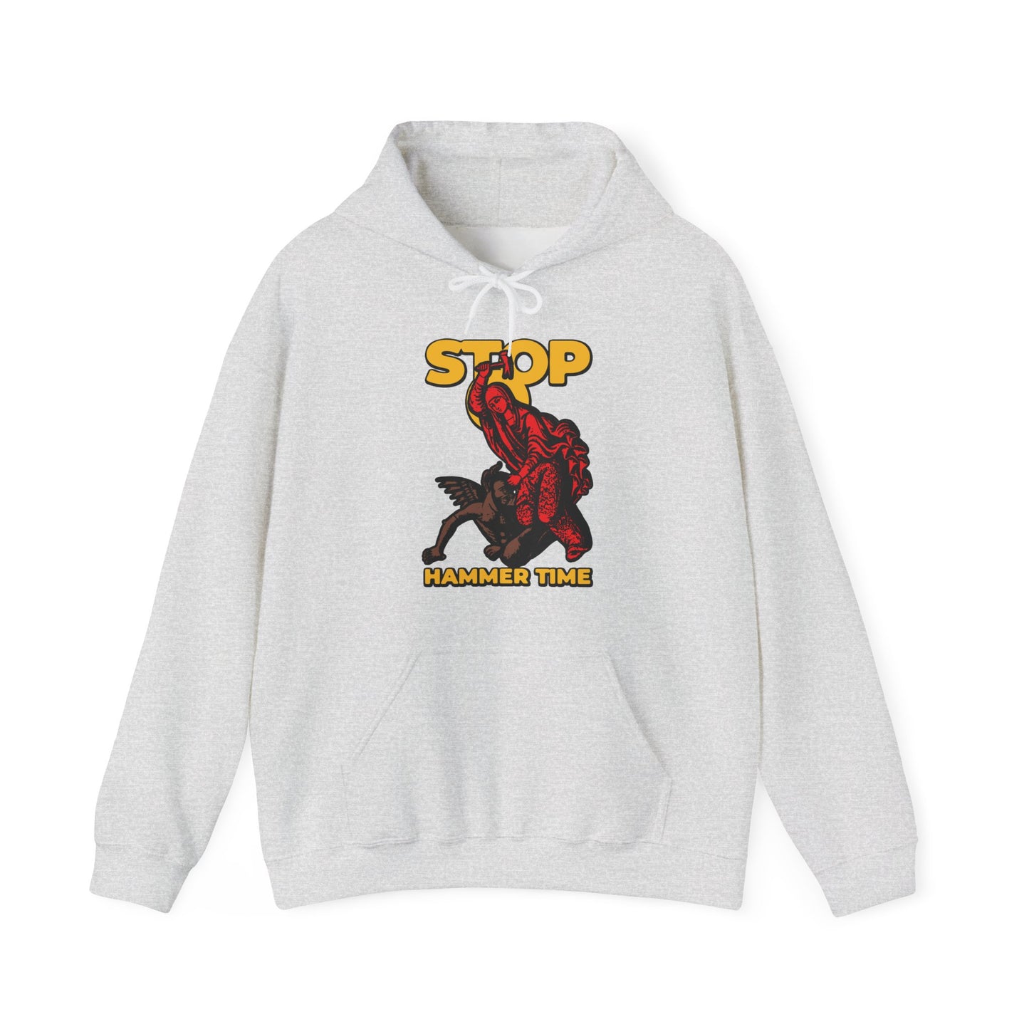 Gray hoodie with red, blue, and yellow graphic of St Marina of Antioch beating the devil with a hammer, text "Stop, Hammer Time"—a modern Orthodox meme and tribute to the 4th-century Christian martyr.