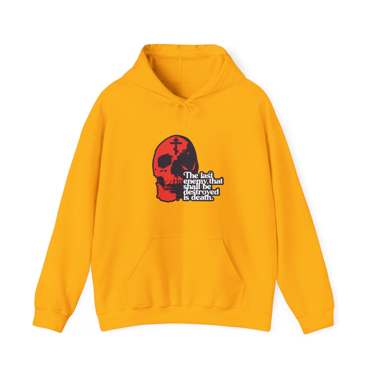 The Last Enemy That Shall Be Destroyed  (1 Corinthians 15:26) | Red Skull on Yellow Background | 70s Typography | Orthodox Christian Hoodie