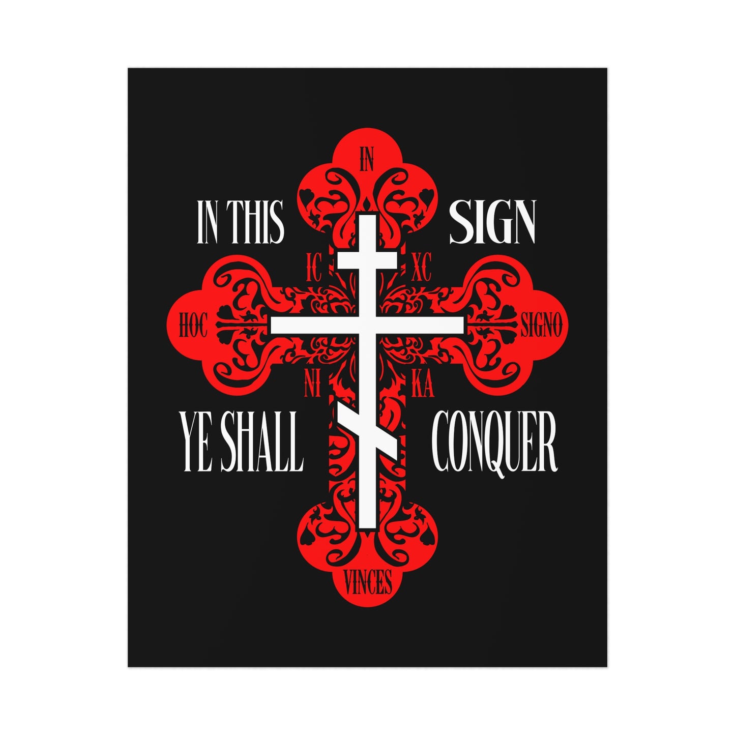 A red ornate Orthodox Cross poster with the text "In This Sign Ye Shall Conquer" (ICXC NIKA), inspired by Christian art and the Holy Cross, set on a black background.