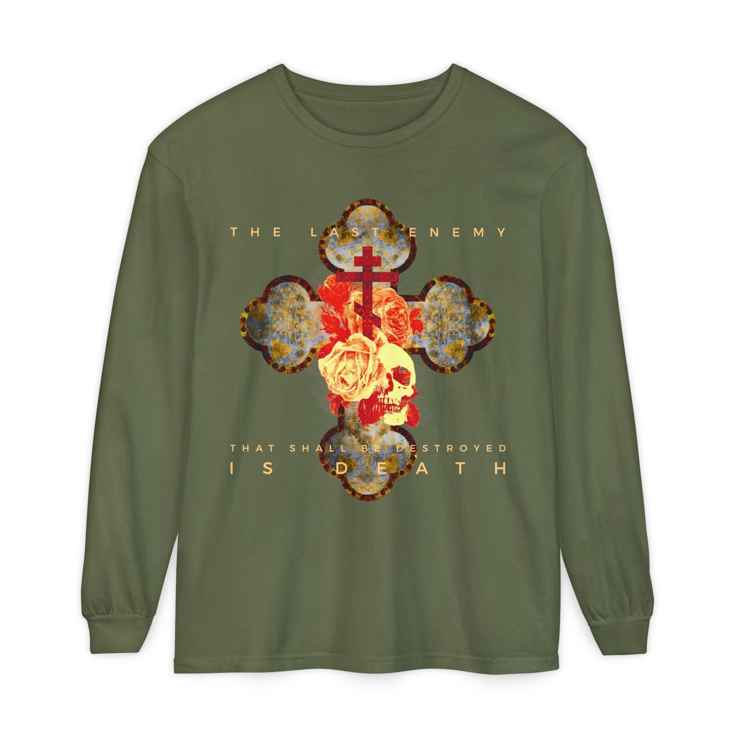 Remembrance of Death "The Final Enemy That Shall Be Destroyed Is Death" long sleeve features a metallic gothic cross with red/yellow rose and skull, inspired by 1 Cor 15:26 and Orthodox Christian faith.