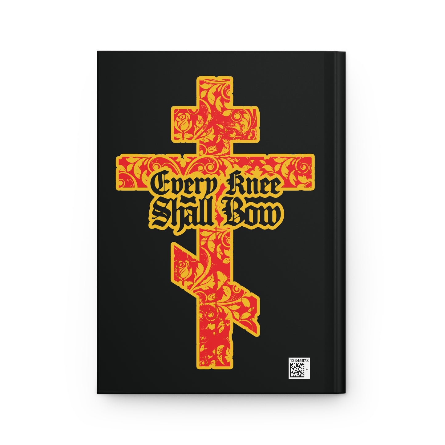 A gold and red floral Orthodox cross journal with Gothic "Every Knee Shall Bow" text (Isaiah 45:22-24, Phil 2:7-11), referencing Jesus Christ.