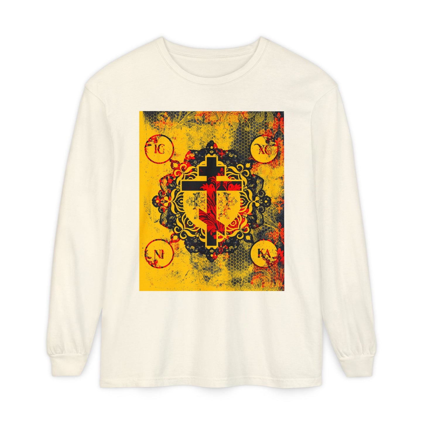 IC XC NIKA Orthodox Cross | Yellow & Red Modern & Medieval Textured Floral Design | Orthodox Christian Long Sleeve Shirt