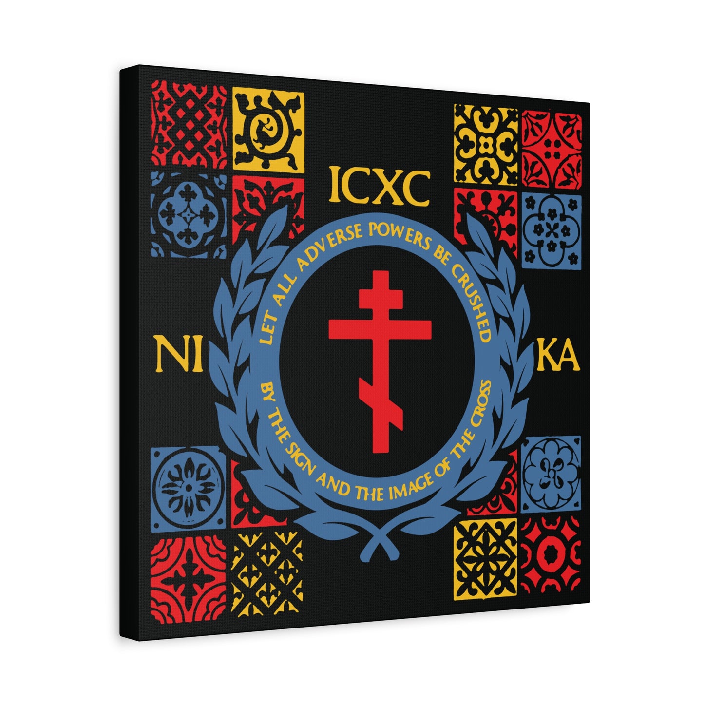 Let All Adverse Powers Be Crushed (Red, Yellow & Blue Design) | ICXC NIKA | Medieval Tile Design | Orthodox Christian Canvas Art