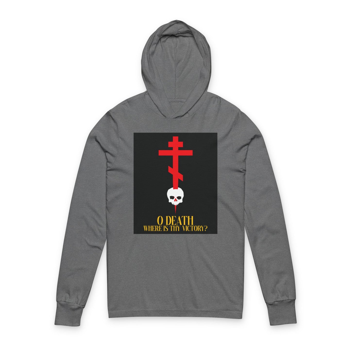 Grey TriBlend long sleeve hooded shirt featuring a cross stabbing a skull, yellow text “O Death Where is Thy Victory?” (1 Corinthians 15:55), inspired by Orthodox Christian hope in the Resurrection.