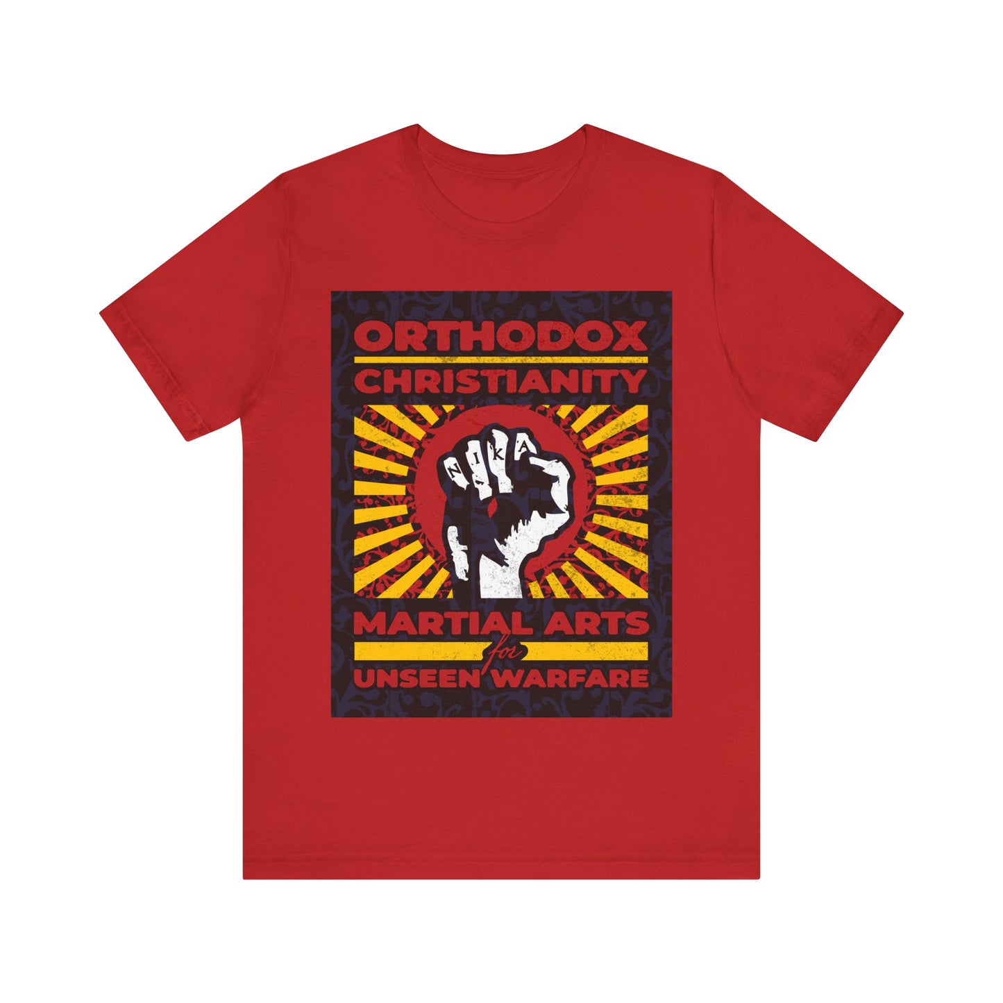 Orthodox Christianity: Martial Arts for Unseen Warfare | NIKA Jesus Fist on Colorful Sunburst Design | Orthodox Christian T-Shirt