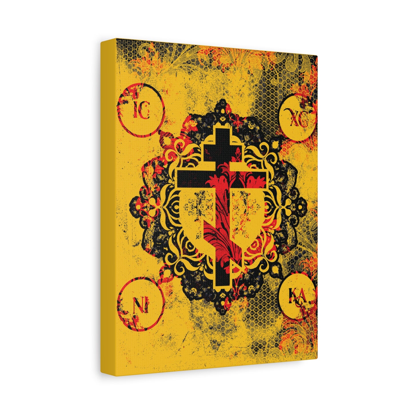 IC XC NIKA Orthodox Cross | Yellow & Red Modern & Medieval Textured Floral Design | Orthodox Christian Canvas Art