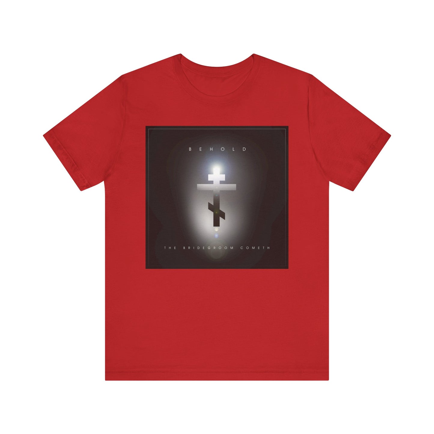 Red Behold the Bridegroom Minimalist Cinematic Lens Flare tee—Orthodox Christian lightweight cotton unisex shirt with glowing Orthodox cross and "Behold The Bridegroom Cometh" on front, inspiring readiness for the day of judgment.