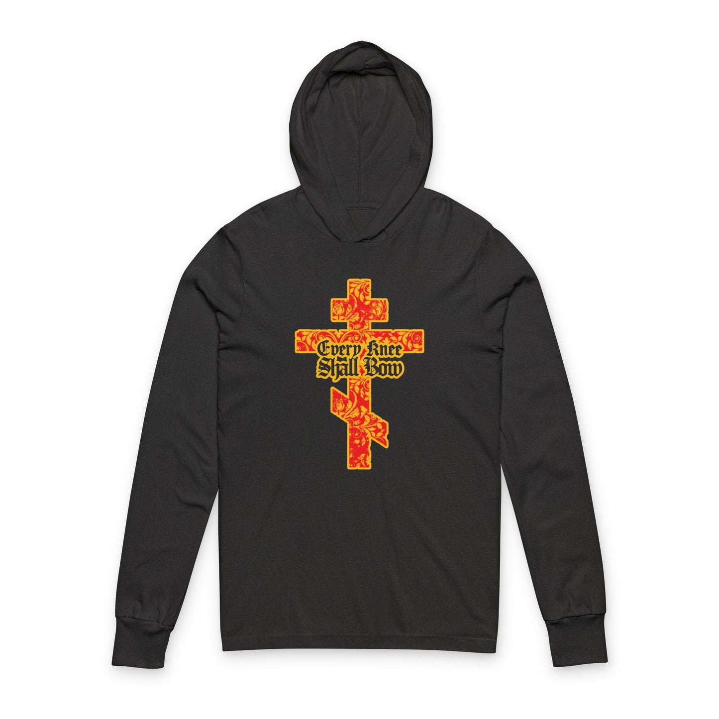 The "Every Knee Shall Bow" Christian hooded shirt features a gold and red floral Orthodox cross with gothic lettering, inspired by Isaiah 45:22-24 and Philippians 2:7-11, declaring Jesus Christ is Lord.