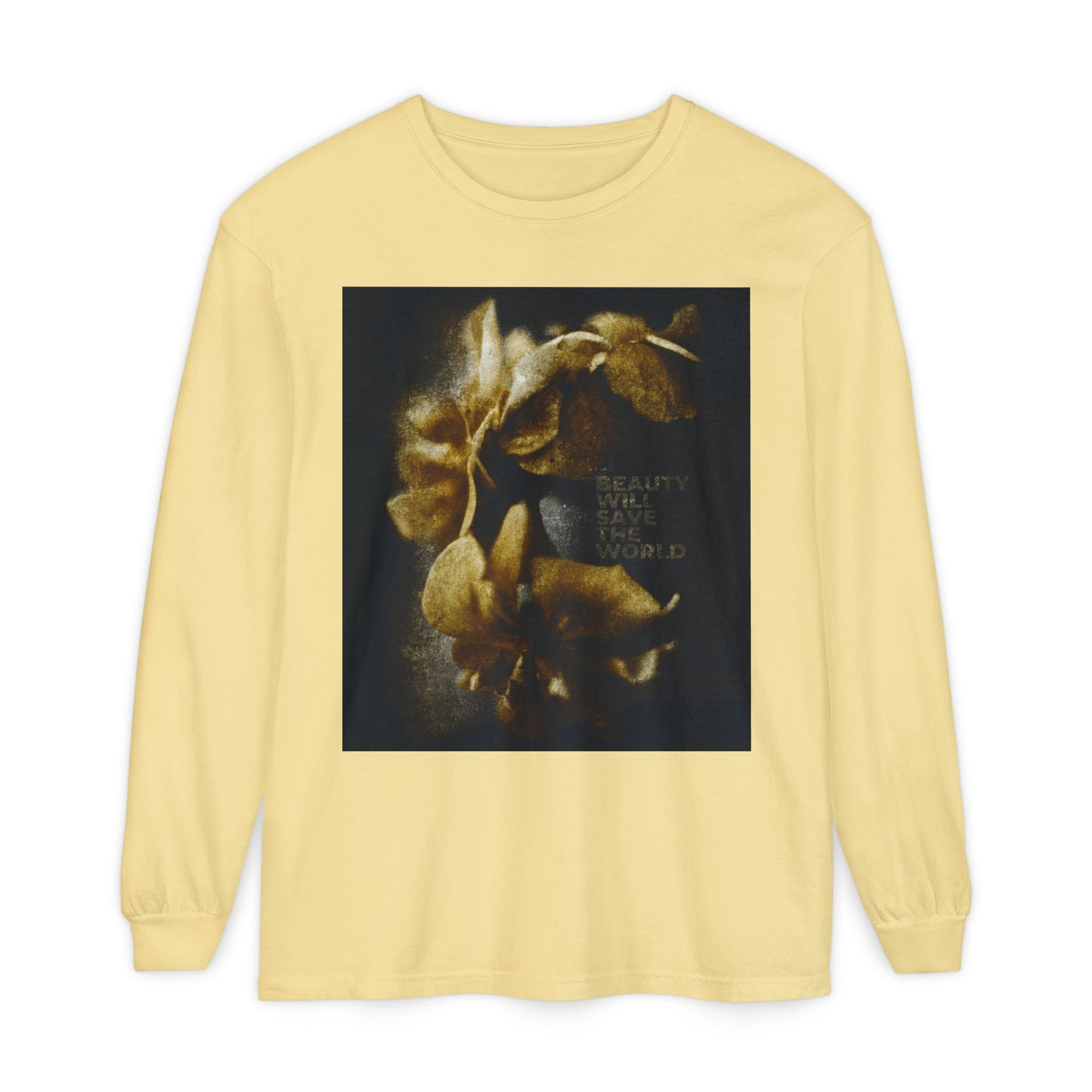 Butter-colored long-sleeve "Beauty Will Save the World" shirt, featuring Dostoevsky-inspired photographic artwork glorifying Jesus Christ, Universal Creator & King—a Christian top celebrating the good in every day.