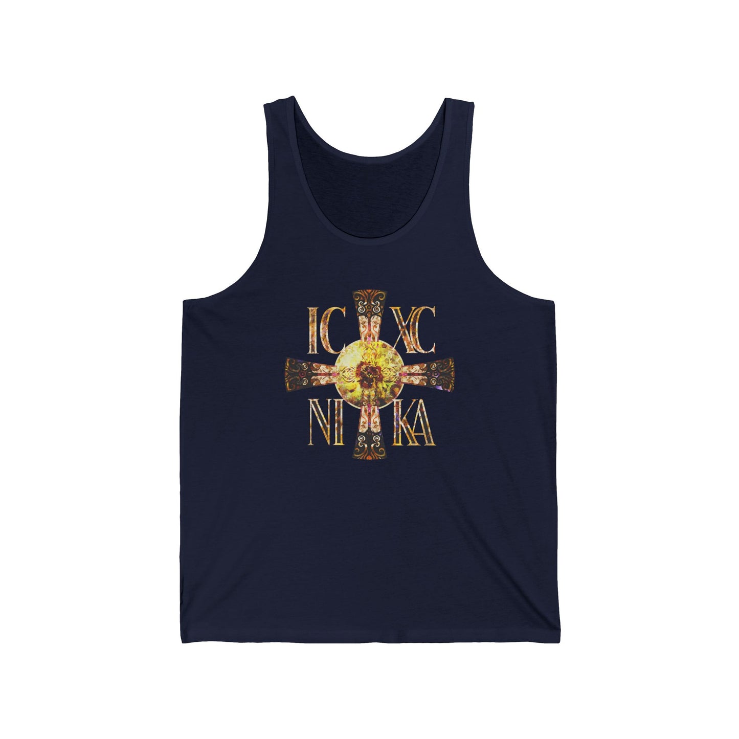 ICXC NIKA Celtic Style Equal Armed Cross | Bright Solar Texture | Orthodox Christian Jersey Tank Top