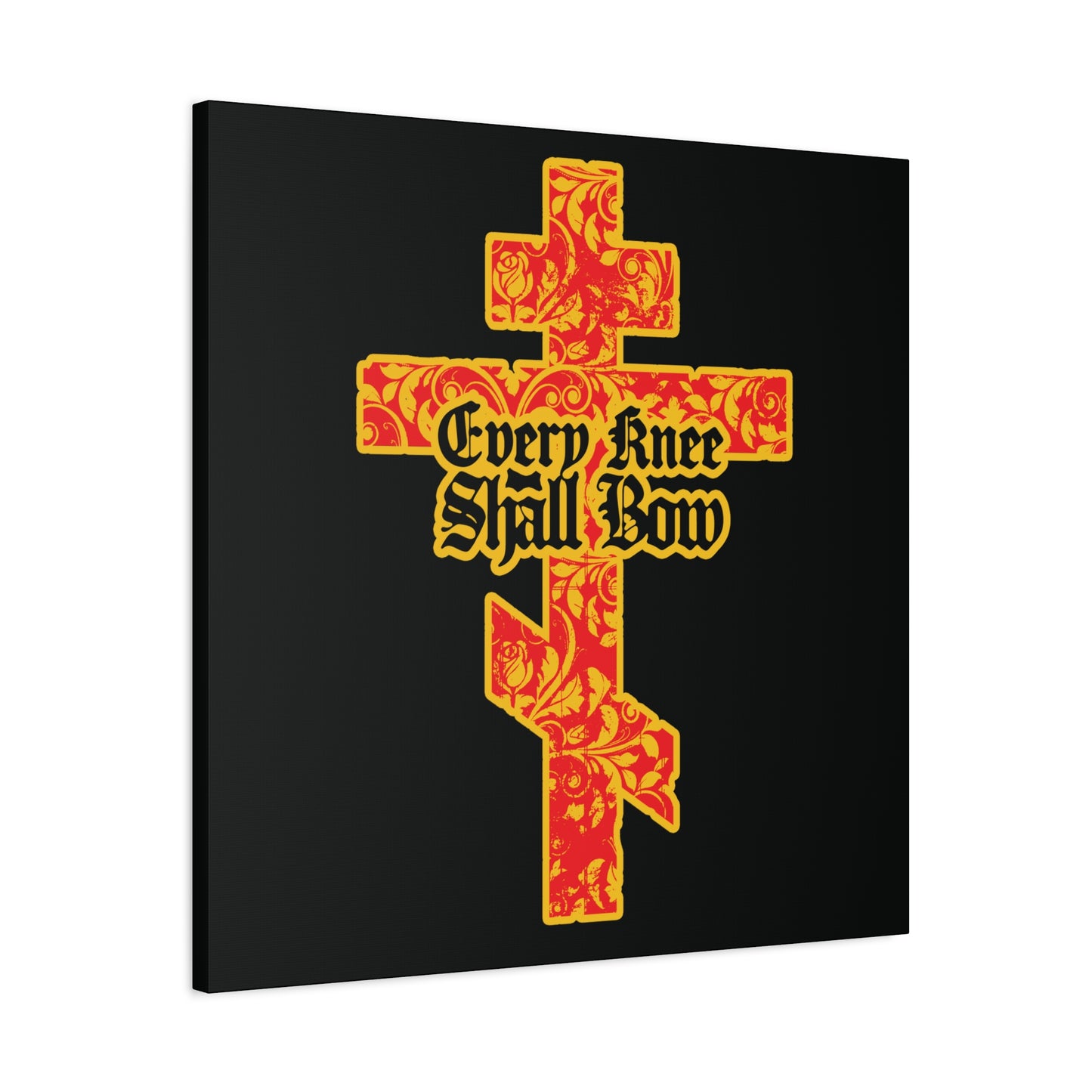 A gold and red floral Orthodox cross with Gothic lettering, featuring "Every Knee Shall Bow" (Isaiah 45:22-24, Phil 2:7-11), displayed on a black background—Christian wall art.