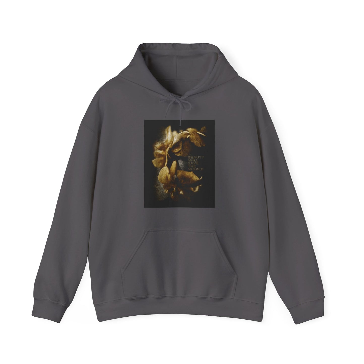 Charcoal hoodie featuring "Beauty Will Save the World" with a photographic artwork glorifying Jesus Christ, Universal Creator & King. Subtle front-center text highlights Dostoevsky’s message.