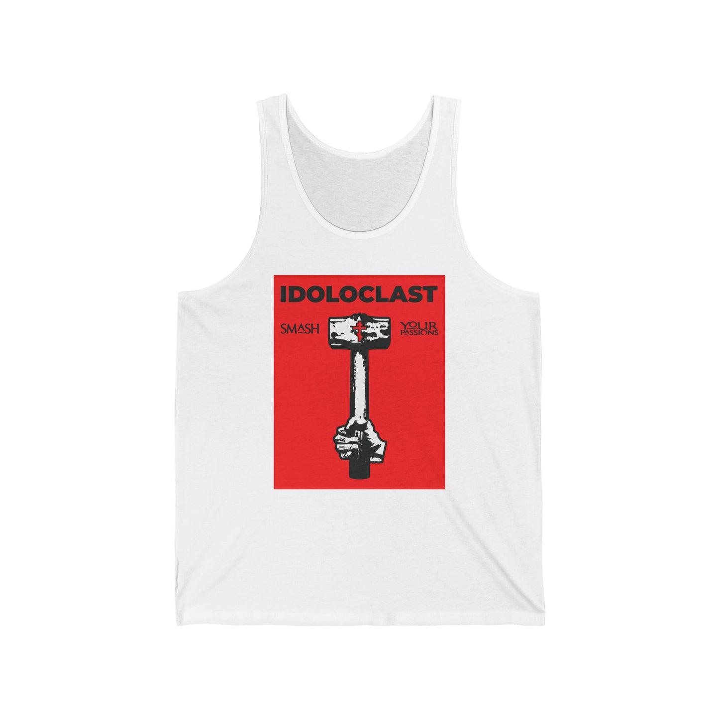 Idoloclast Idol-Smasher | Jesus NIKA Fist w/ Sledgehammer on Red Background | Smash Your Passions | Orthodox Christian Jersey Tank Top / Sleeveless Shirt