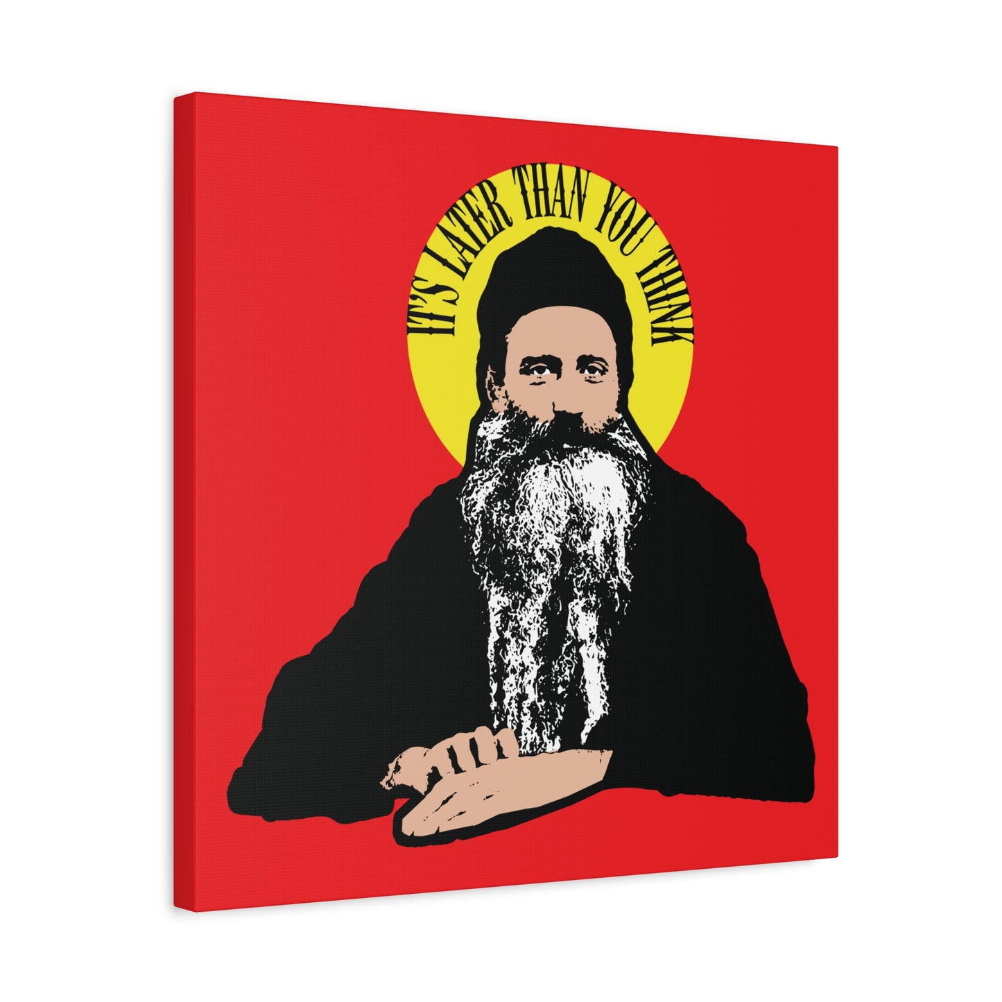 Bearded man with yellow halo, "It's Later Than You Think" text on red, inspired by Fr Seraphim Rose—a modern American Orthodox Christian saint; unique Orthodox Christian wall art.