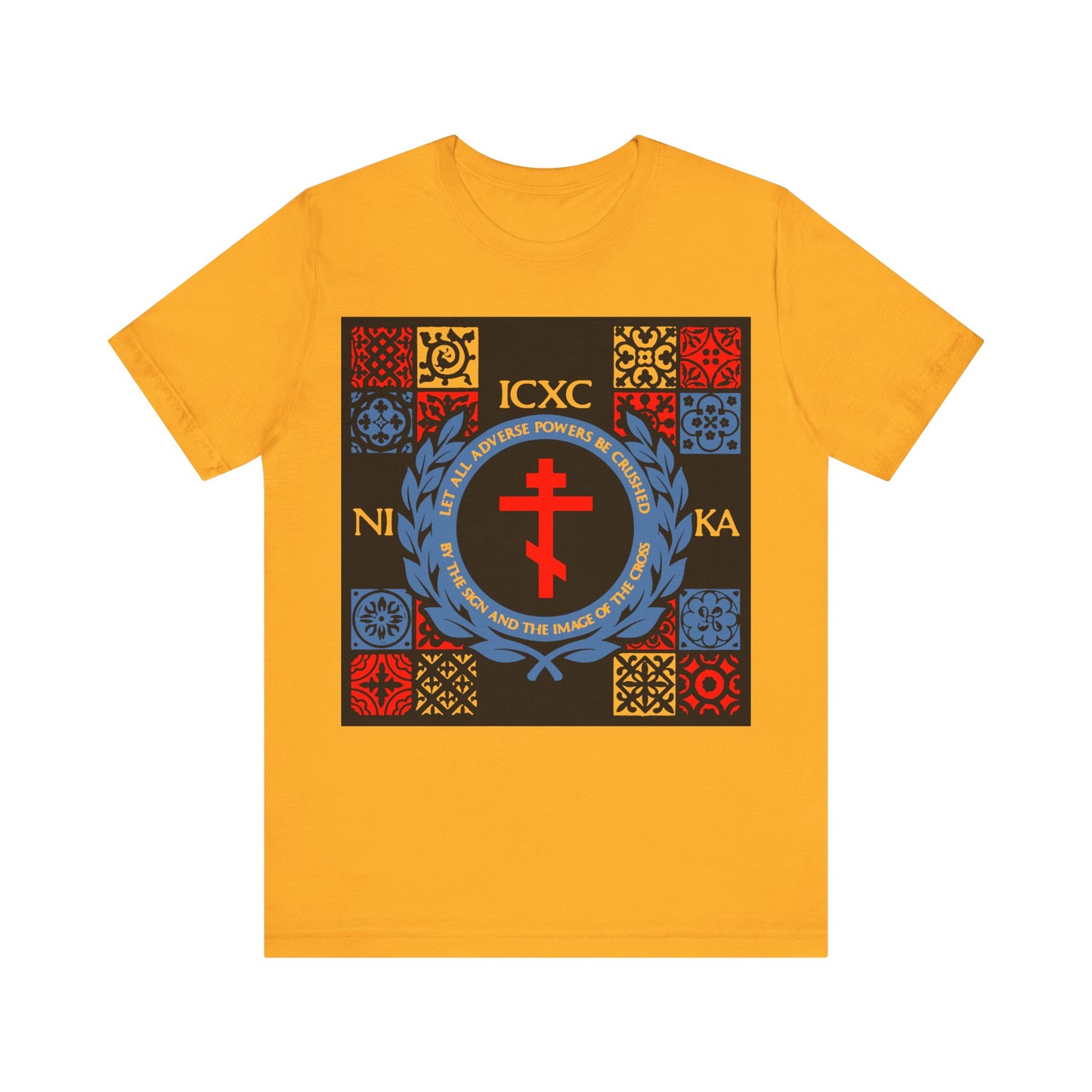Let All Adverse Powers Be Crushed (Red, Yellow & Blue Design) | ICXC NIKA | Medieval Tile Design | Orthodox Christian T-Shirt