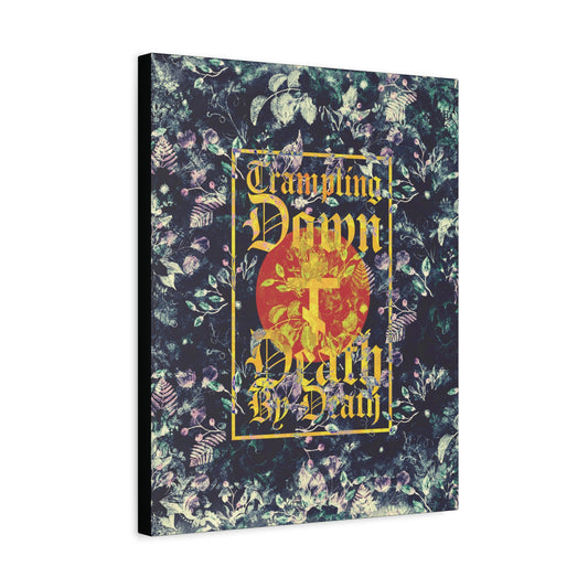 Trampling Down Death By Death | Paschal Floral Design with Gothic Script and Three-Bar Cross | Orthodox Christian Canvas Art