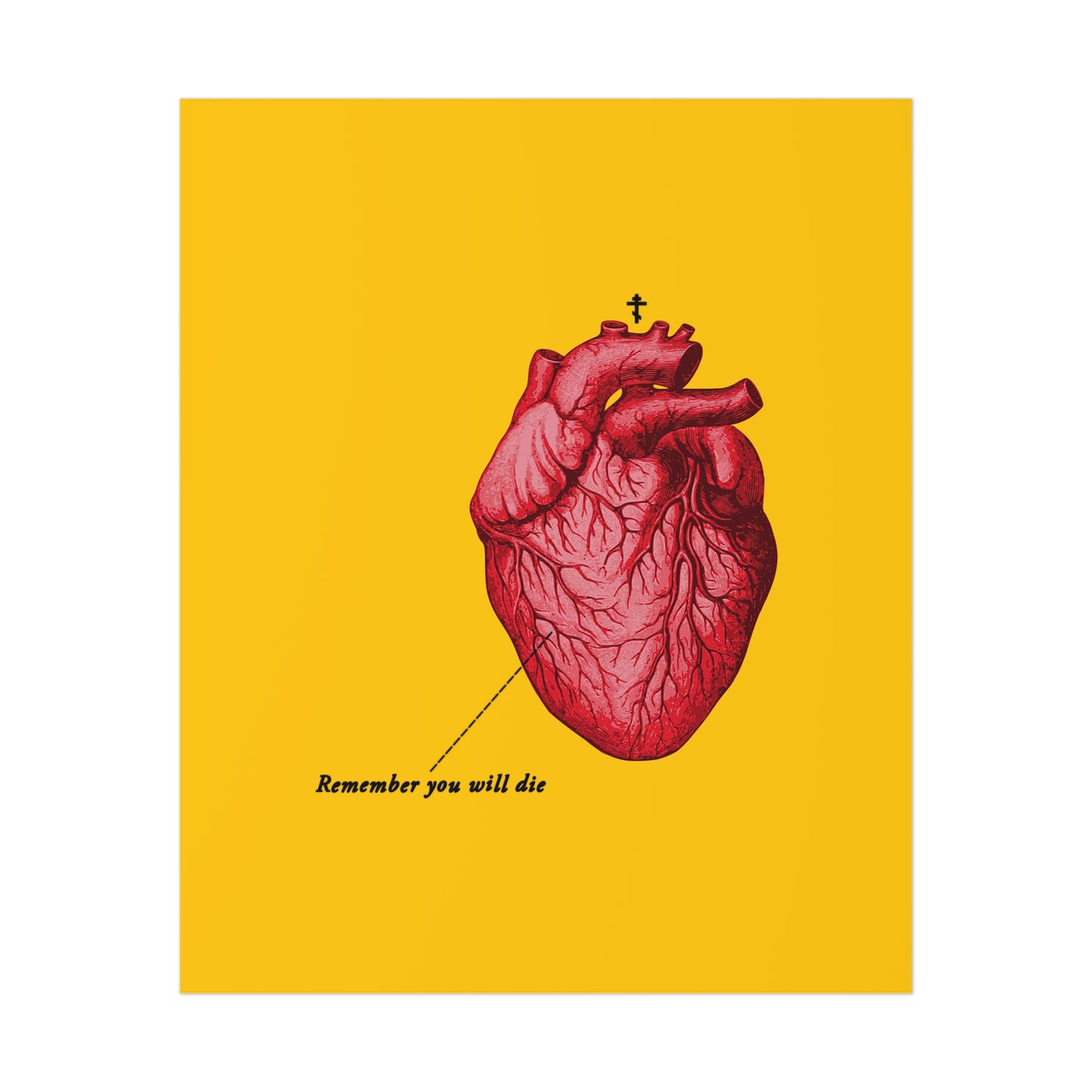Retro medical textbook heart illustration with Orthodox cross and “Remember You Will Die” text on a bright yellow background. Features Christian memento mori themes: "It's Later Than You Think" poster for reflection and repentance.