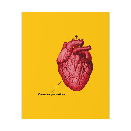 Retro medical textbook heart illustration with Orthodox cross and “Remember You Will Die” text on a bright yellow background. Features Christian memento mori themes: "It's Later Than You Think" poster for reflection and repentance.
