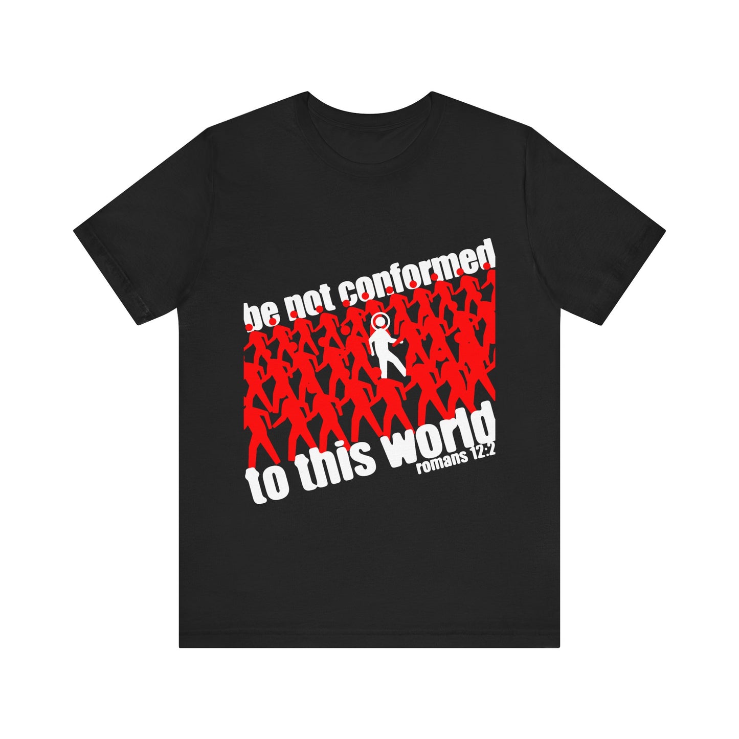 The "Be Not Conformed to This World (Romans 12:2) | Reject the Modern World" Orthodox Christian black t-shirt features red silhouettes, one white figure, and Romans 12:2—highlighting the call for spiritual renewal.