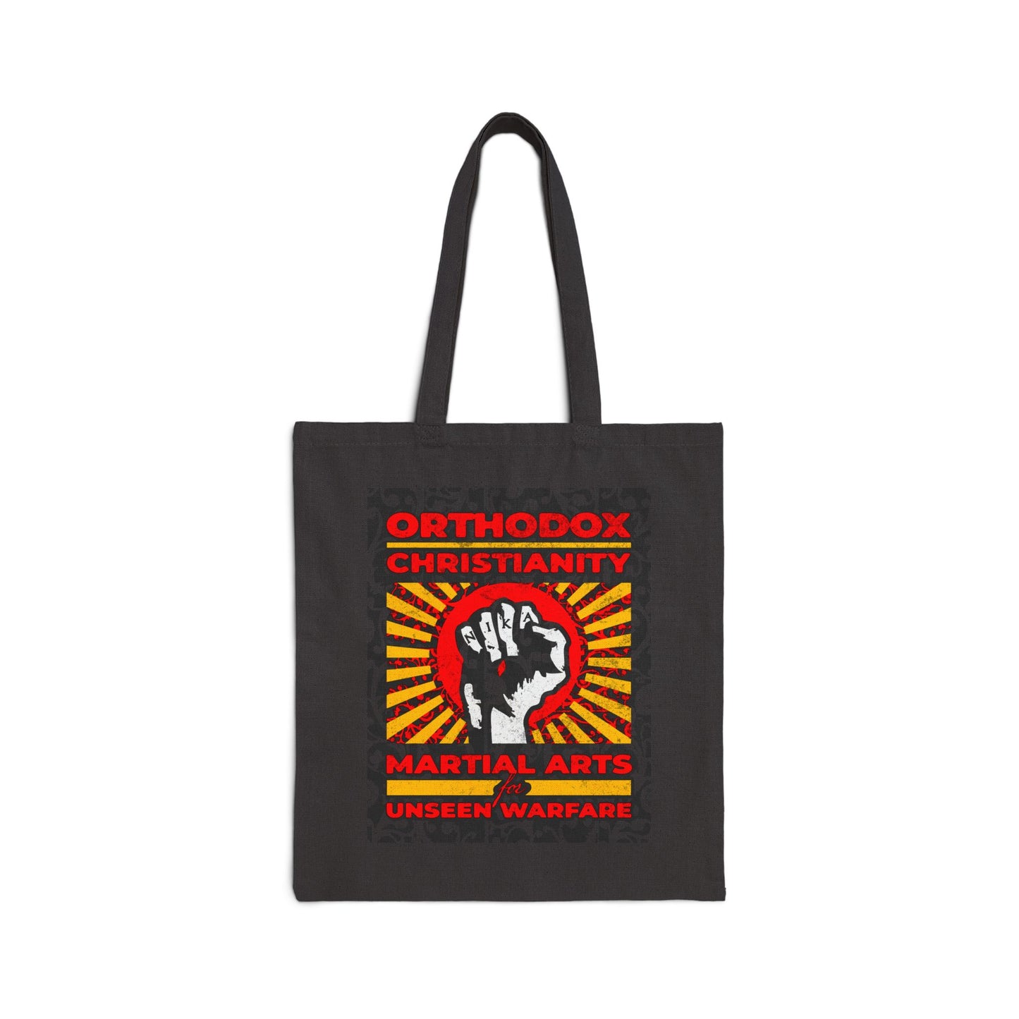 Orthodox Christianity: Martial Arts for Unseen Warfare | NIKA Jesus Fist on Colorful Sunburst Design | Orthodox Christian Tote Bag