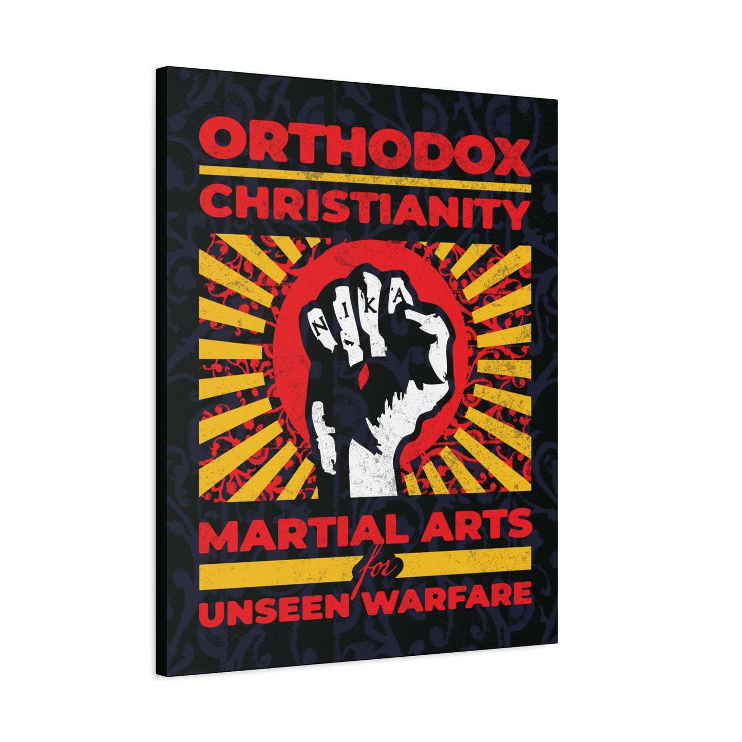 Orthodox Christianity: Martial Arts for Unseen Warfare | NIKA Jesus Fist on Colorful Sunburst Design | Orthodox Christian Canvas Art