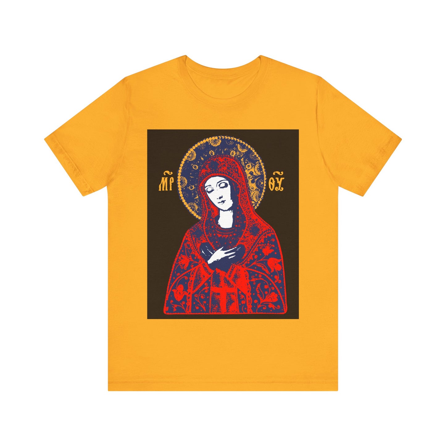 Gold "Joy of All Joys Tenderness Theotokos" t-shirt features a bright red iconographic Orthodox design inspired by the Tenderness Icon, showcasing the Theotokos in traditional attire with halo on front.