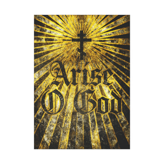 The "Arise O God | Psalm 81 (82 LXX)" poster features a textured Gothic font, Orthodox cross, and golden rays—Orthodox Christian art inspired by the Divine Council worldview and Psalm 82.