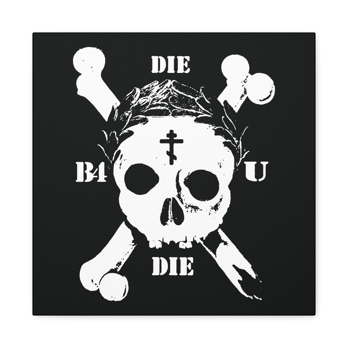 The "Die Before You Die" retro skull & crossbones wall art features an Orthodox Cross and laurel victory wreath on black, inspired by Matthew 16:24-25—an ascetic Christian memento mori to remind us to deny ourselves and truly live.