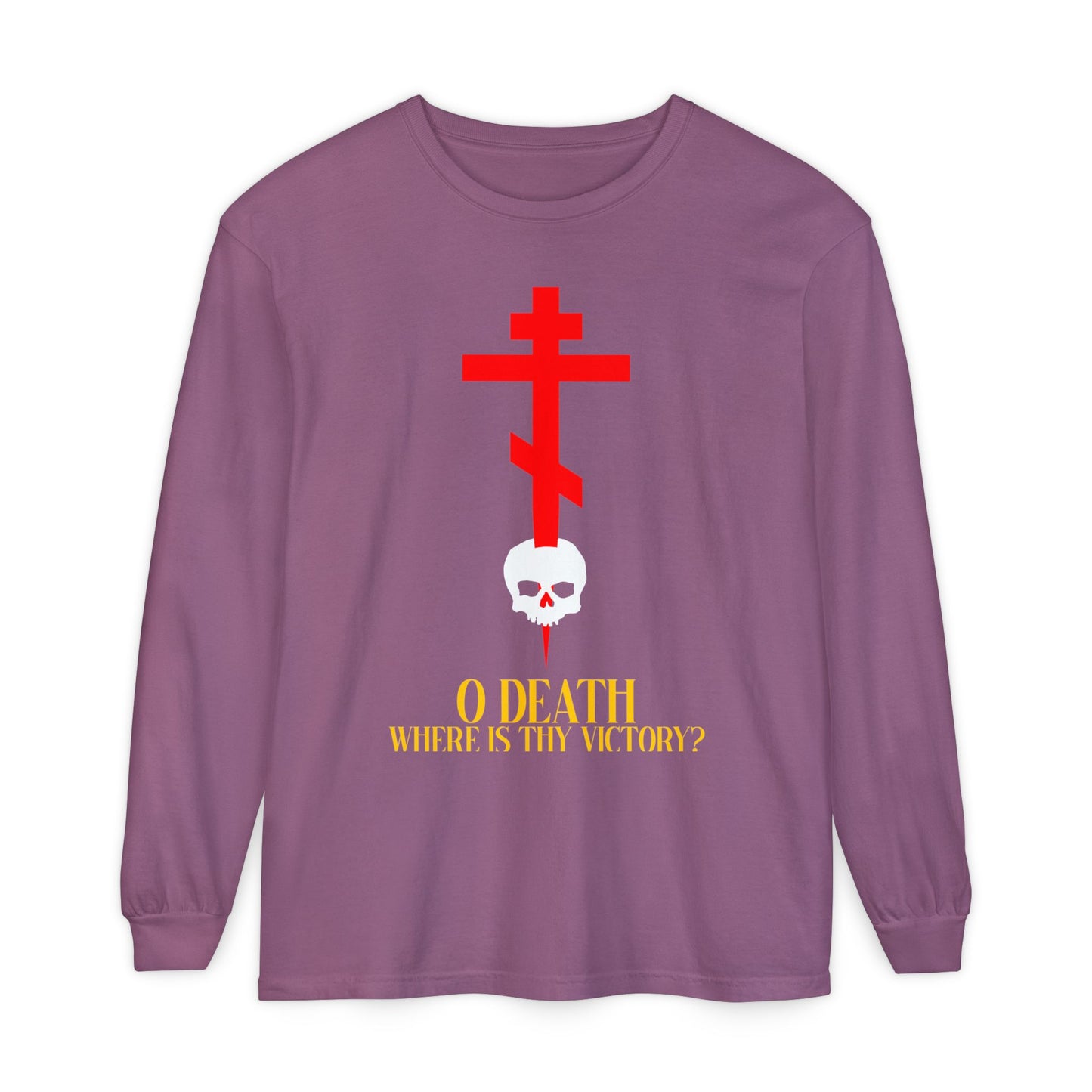Berry long-sleeve shirt featuring a red cross stabbing a white skull, yellow text "O DEATH WHERE IS THY VICTORY?" (1 Corinthians 15:55), inspired by Orthodox Christian hope of Resurrection and salvation.
