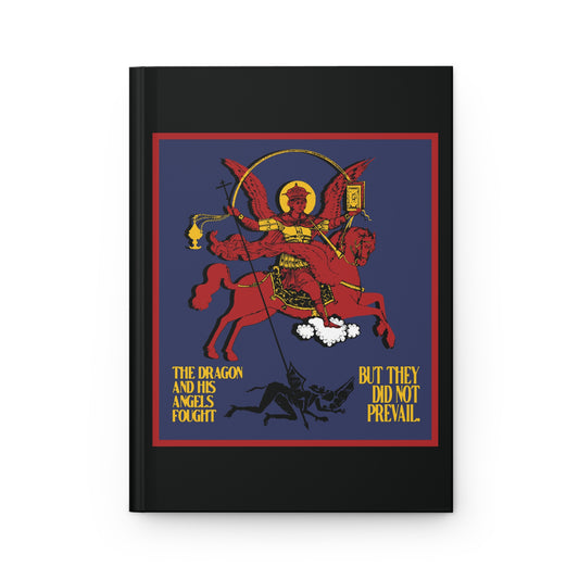 Archangel Michael of the Apocalypse IconoGraphic (Revelation 12:7-8): A red angel and horse defeat a dark dragon on a blue background, symbolizing spiritual warfare. Orthodox Christian accessory. Hardcover journal.